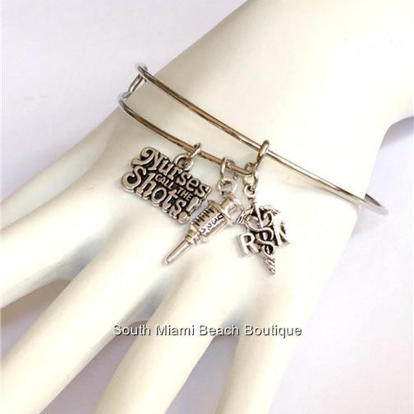 Nursing RN Caduceus Charm Bracelet Syringe Cute Graduation Gift Silver Plated - Picture 2 of 8